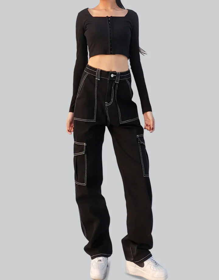 Buy Decent Looking Girl Black Cargo Jeans with White Stitching for