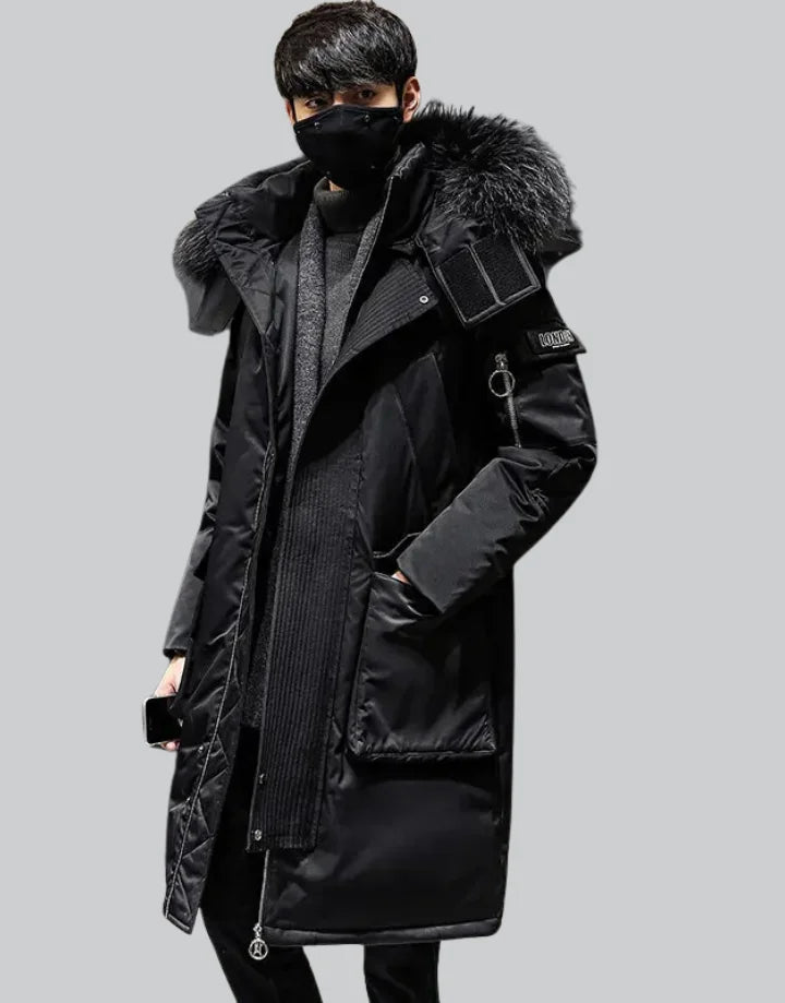 Black fashion parka coat with white fur hood