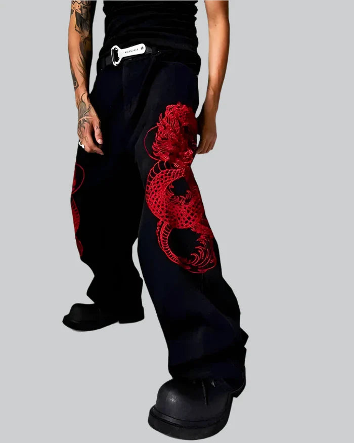 Y2k Dragon Embroidered Pants | Techwear Y2k Dragon Embroidered Pants | Techwear