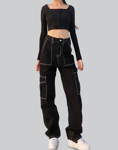 Black Cargo Pants with White Stitching