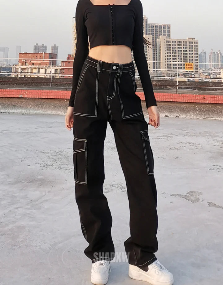 Vegan Leather Contrast Stitch Cargo Pants - Black | Manière De Voir