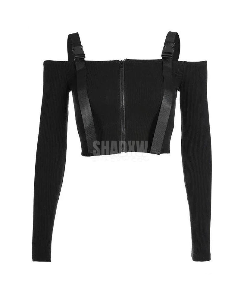 Beautiful In Black Buckle Zipper Top - Techwear Outfits