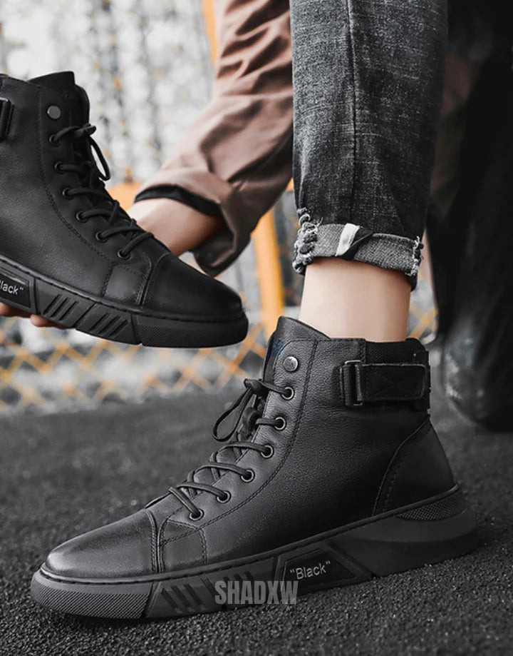 Black leather high top shoes online