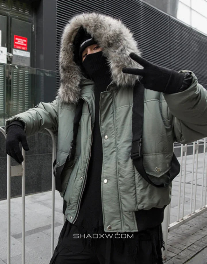 Green Cargo Jacket with Fur Hood