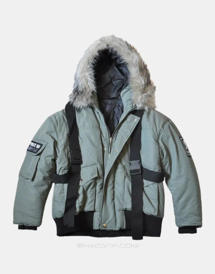 Green Cargo Jacket with Fur Hood