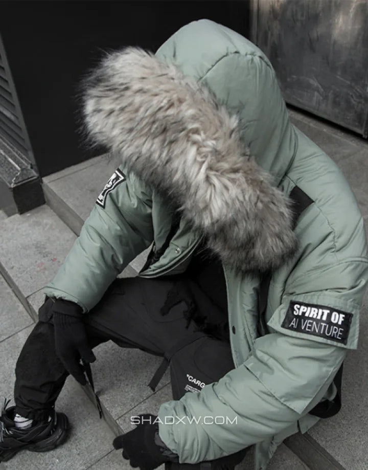 Green Cargo Jacket with Fur Hood