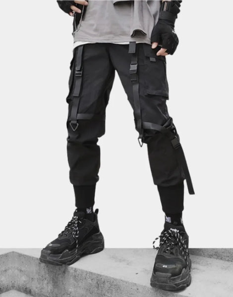 ELKNLMU Ribbon Multi-Pocket Cargo Pants Men Hip Hop